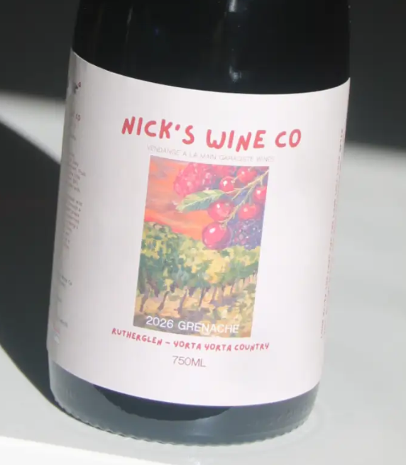 Close view of the 2026 Nick's Wine Co. Grenache label